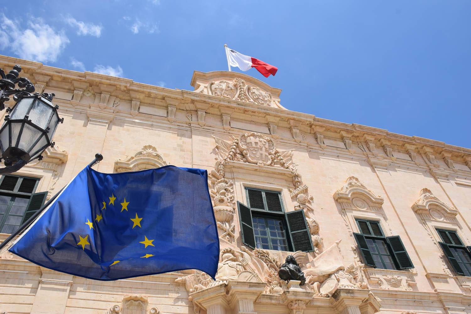Flag of the European Union and Malta at the Prime Minister's Palace in Valletta