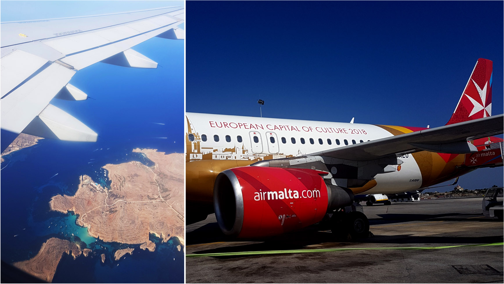 Aerial view of Comino Island / Blue Lagoon & Air Malta Aircraft