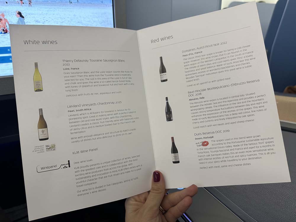 KLM Business Class vinhos classe executiva - wine menu